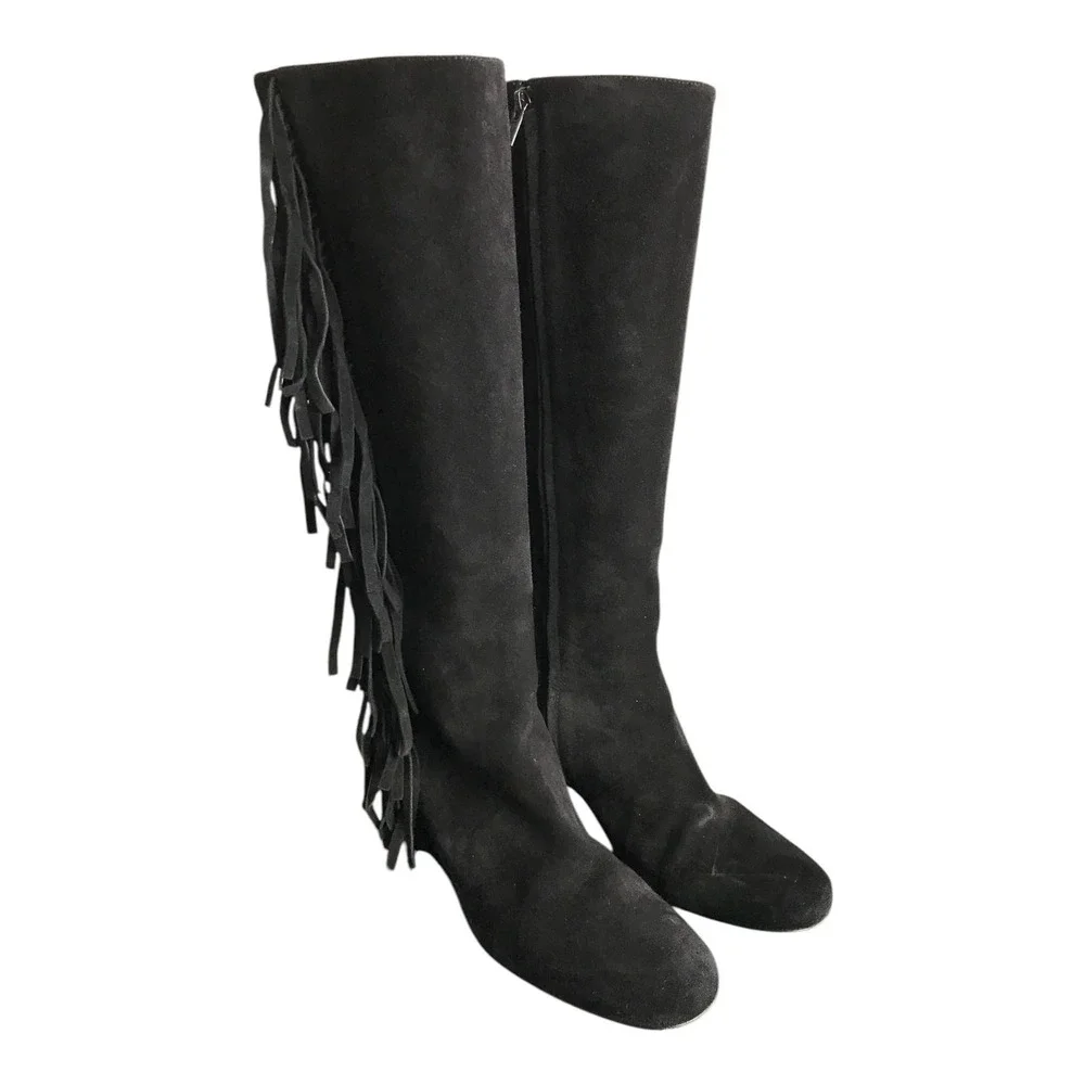Saint Laurent Boot 10 Fringe Knee High YSL Suede Quiet Luxury Boho Festival Chic